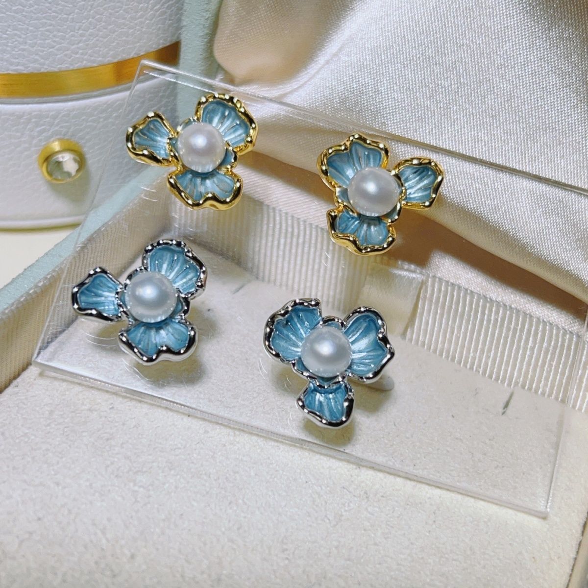 OJOX Iris freshwater Pearl fashionable Stud earrings in Haze blue drip glaze, anti-allergy and non-fading, high-end Specification image