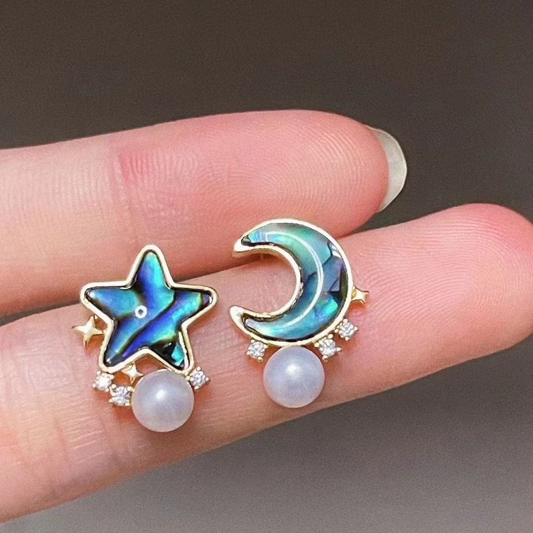 珐琅耳钉珍珠时尚鲍鱼贝星月AB款抗过敏洋气正品中式高级爆款耳饰珍珠项链首饰项链白底实物图