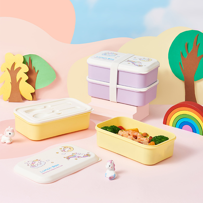 【独角兽款】双层便携饭盒 学生可爱分格餐盒 配绑带勺叉 多色可选详情2
