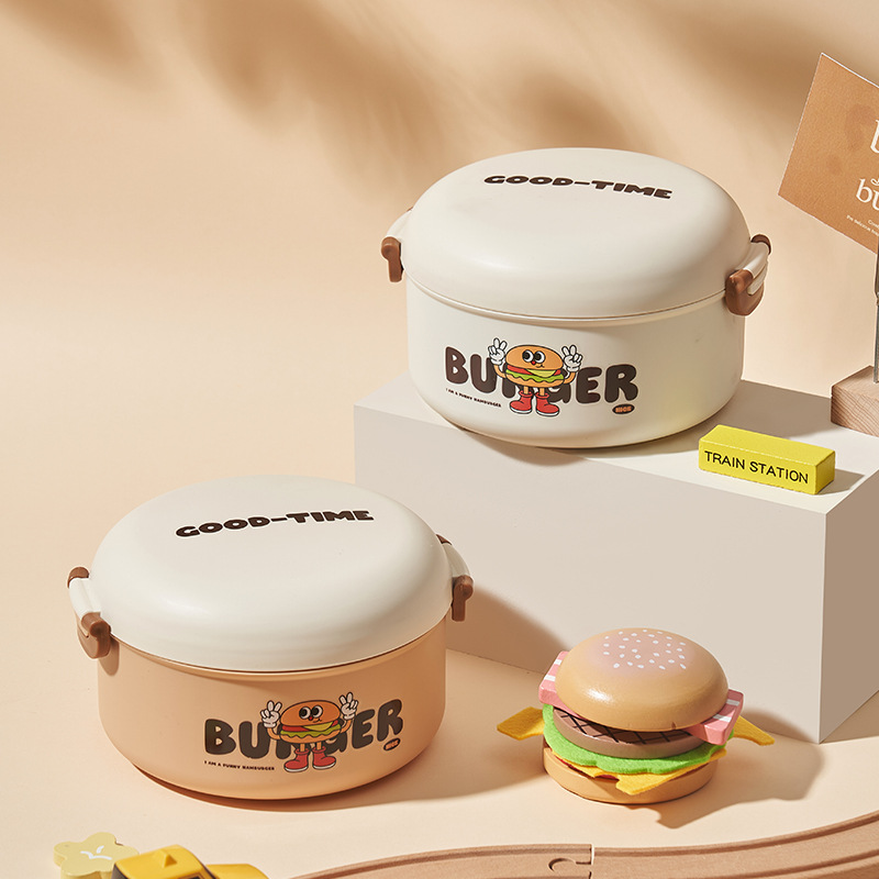 【汉堡萌趣款】圆桶形便携饭盒 学生可爱餐盒 密封防漏便当盒 多色可选详情2