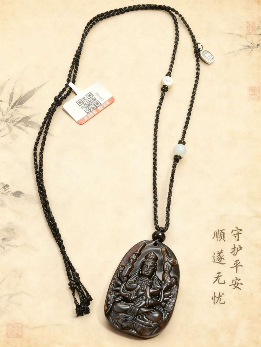 天然冰种黑曜石生肖牛虎本命佛 虚空藏菩萨 吊坠 项链，手工编织项链
 原创设计项链珠宝首饰珠宝详情图6