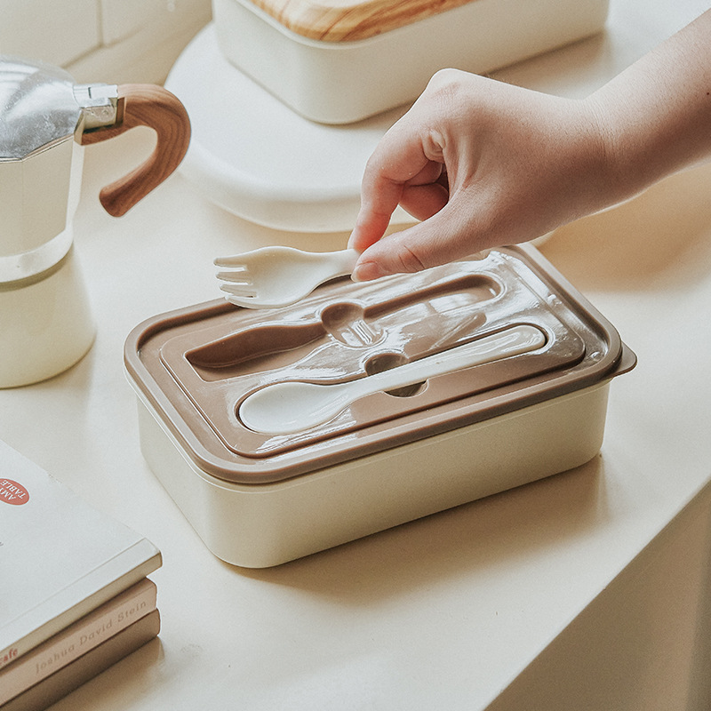 【木纹盖双层】简约便携饭盒 可拆分带绑带 学生上班族餐盒 配勺叉详情2