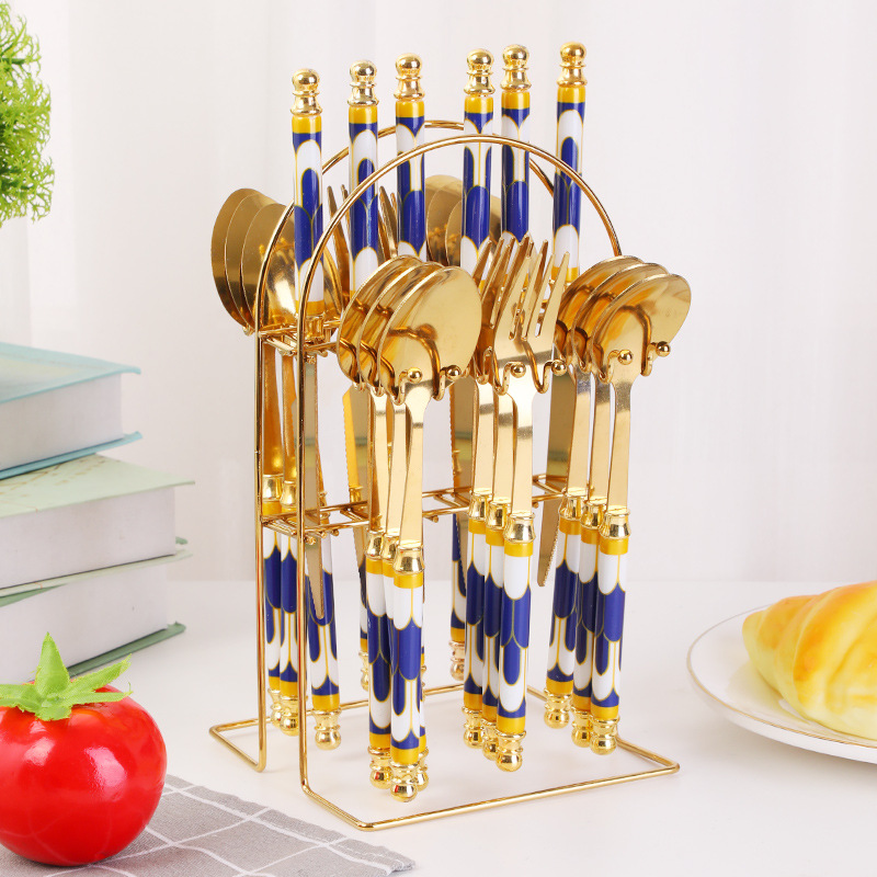 跨境严选高档不锈钢西餐具牛排刀叉勺套装刀架欧式手柄亚马逊酒店