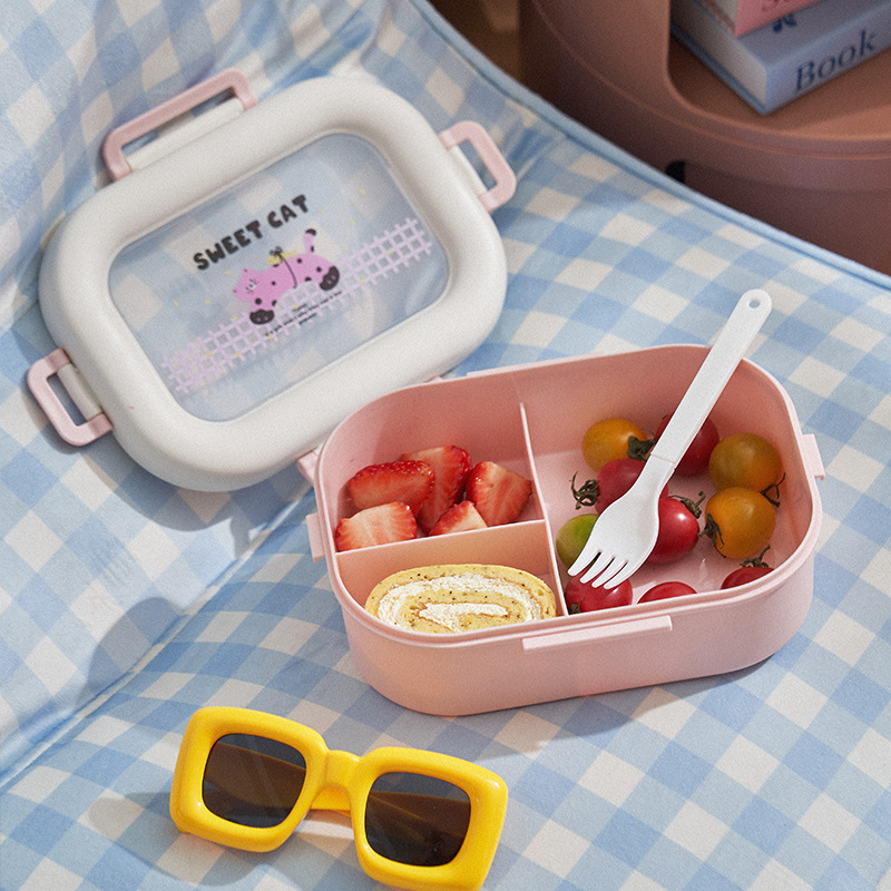 【萌宠透窗款】小狗猫咪卡通饭盒 学生便携分格餐盒 密封防漏带餐具便当盒详情4