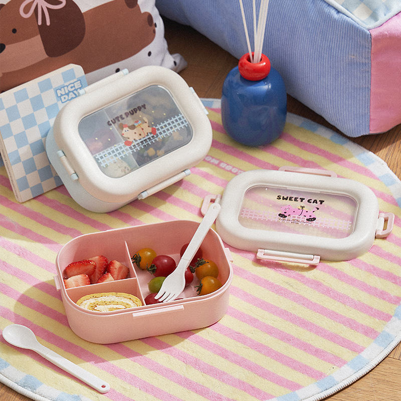 【萌宠透窗款】小狗猫咪卡通饭盒 学生便携分格餐盒 密封防漏带餐具便当盒详情3