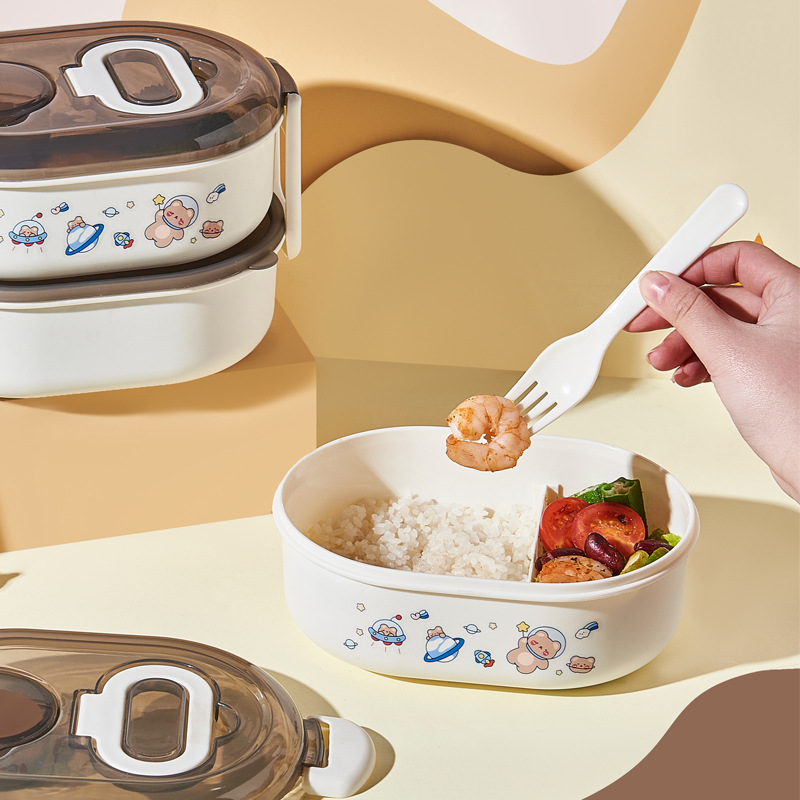 【太空小熊款】双层可拆分饭盒 学生便携餐盒 带勺叉分格便当盒详情2