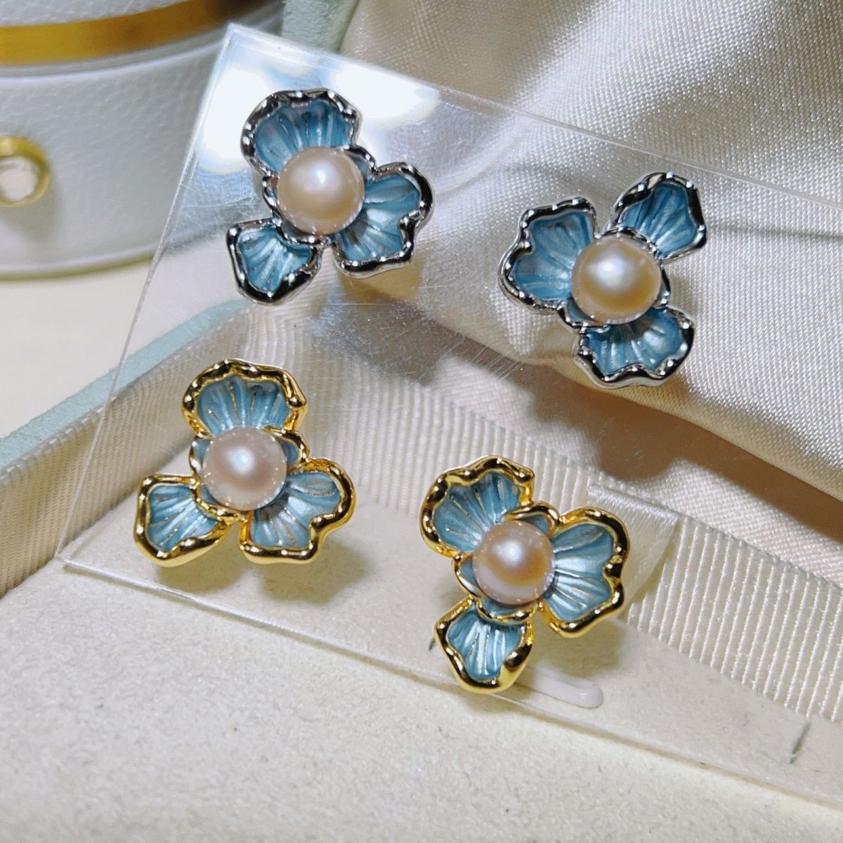 OJOX Iris freshwater Pearl fashionable Stud earrings in Haze blue drip glaze, anti-allergy and non-fading, high-end detail image 6