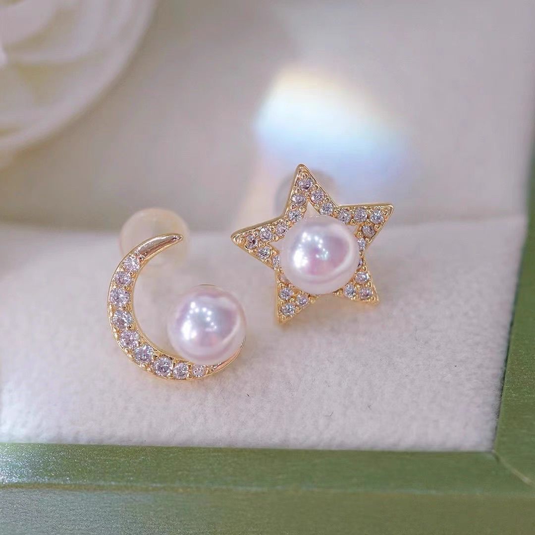 镀金星星月亮不对称耳环轻奢风镶满锆石天然淡水珍珠耳钉珍珠项链首饰项链细节图