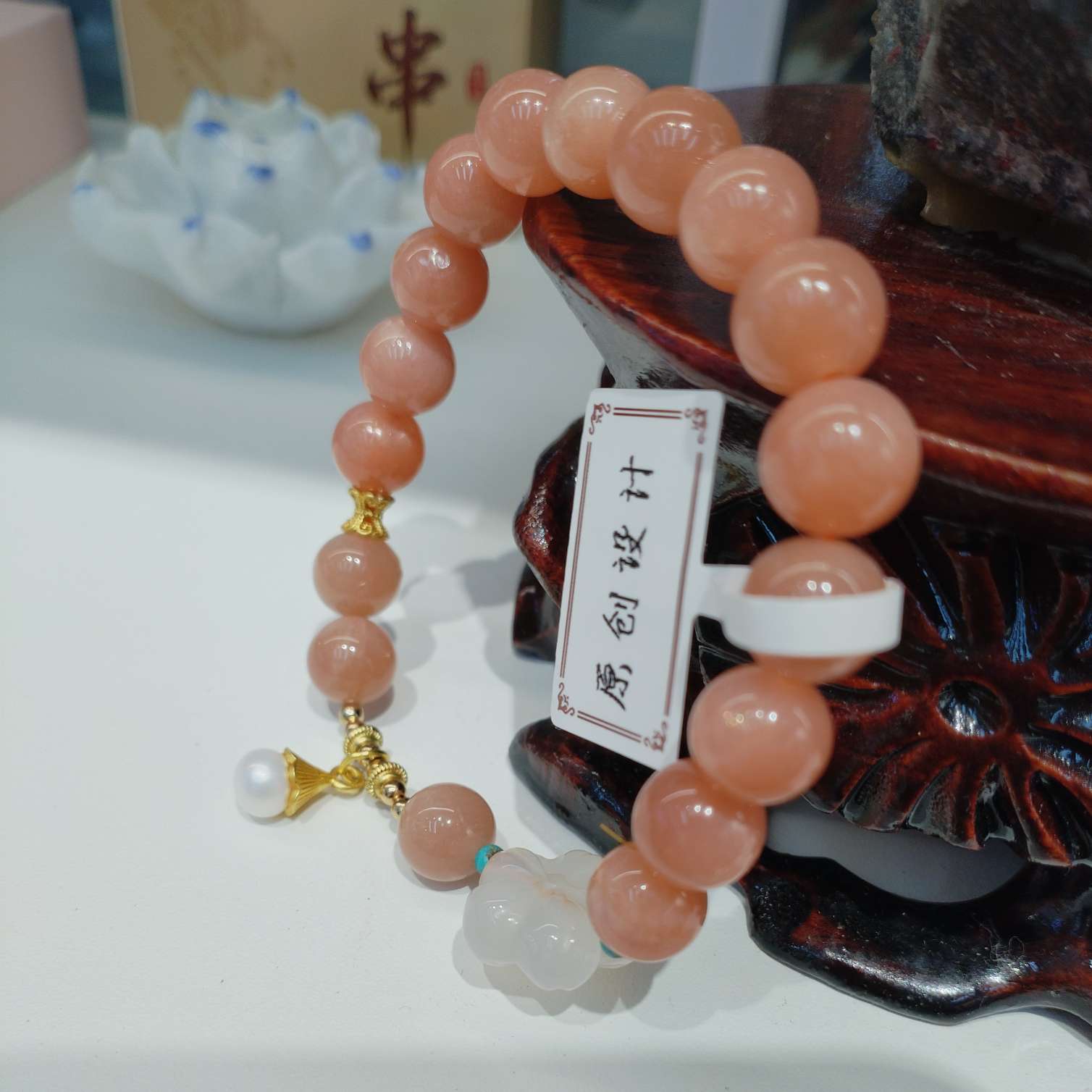 9mm natural crystal bracelet, sunstone with pearl bracelet, fashionable accessory, cinnabar bracelet for women, simple and versatile, trendy style detail image 2