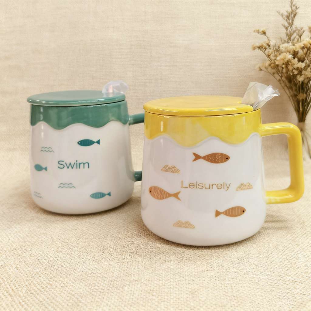 HG2035-1 Cute Little Fish Mug, ins Girl Heart, student couple Ceramic Cup, covered spoon, Home breakfast cup