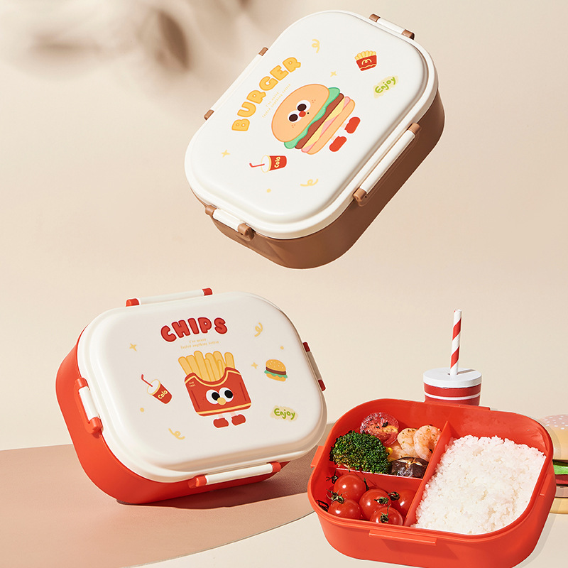 【汉堡薯条萌趣款】分格便携饭盒 学生可爱餐盒 带卡扣密封便当盒详情2