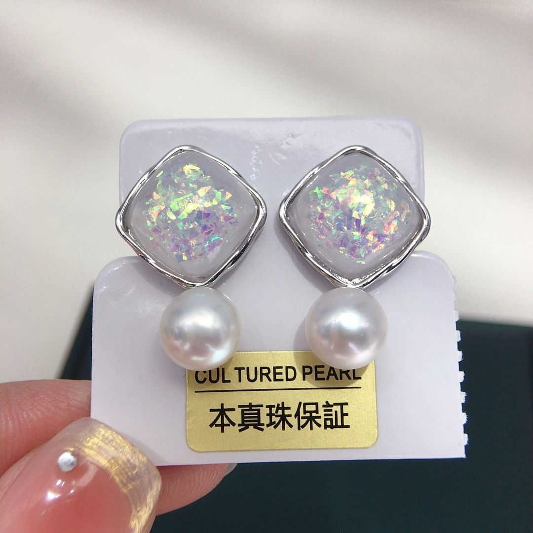 新款复古方糖小众个性款天然淡水珍珠馒头圆耳钉女高级感珍珠耳饰珍珠项链首饰项链白底实物图