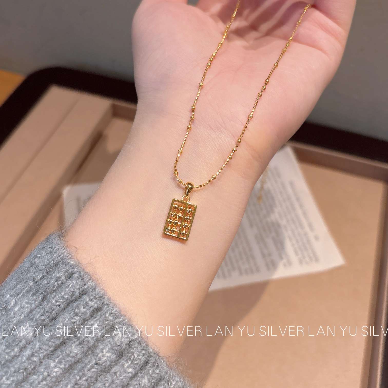 S925通体纯银电镀真金项链时尚百搭简约女首饰算盘项链配饰细节图