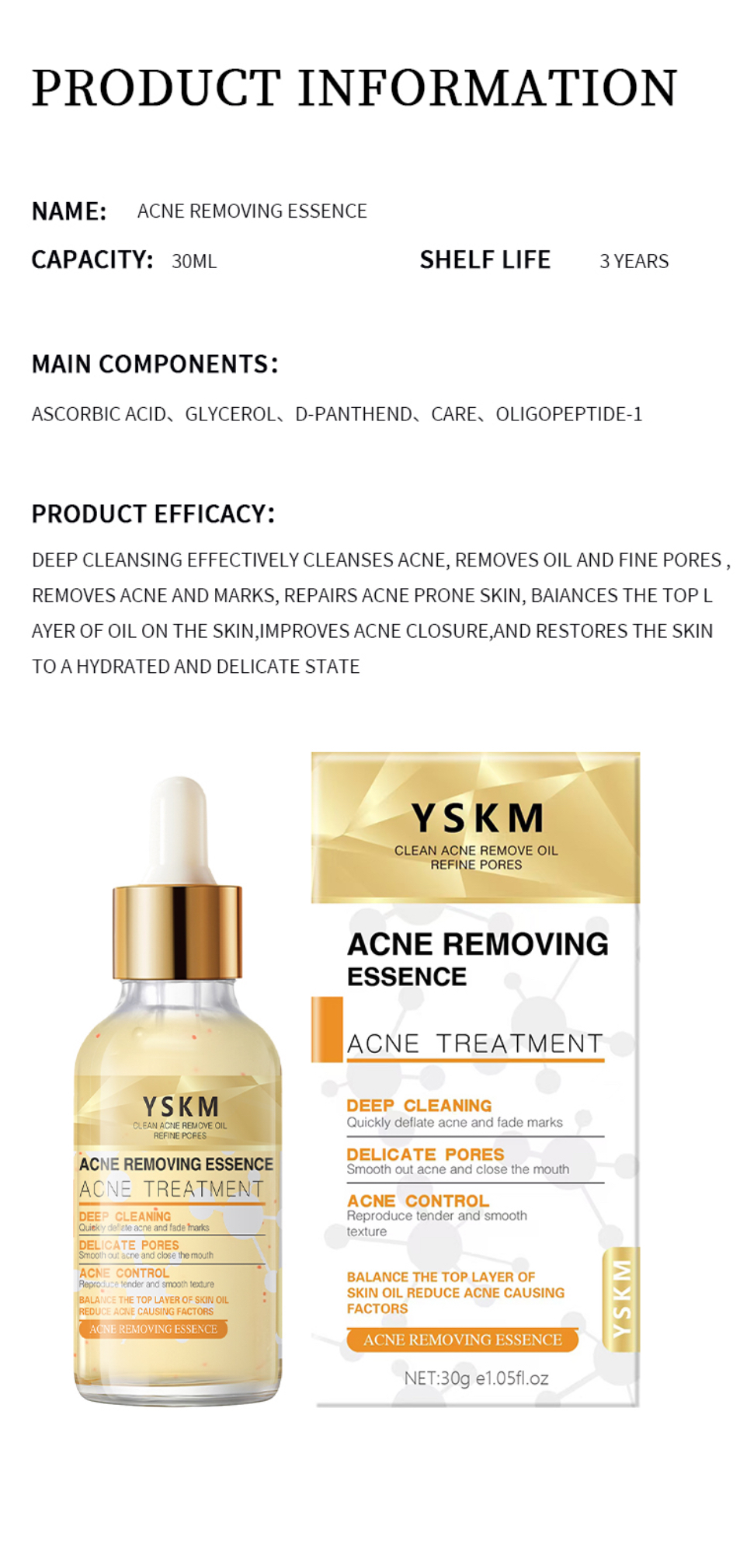 YSKM Acne Essence controls oil and regulates the skin, shrinks pores, hydrates and rejuvenates the skin, smoothes the skin texture, balances water and oil, improves the condition of oily and acne-prone skin, and creates a delicate, soft and moist skin feel