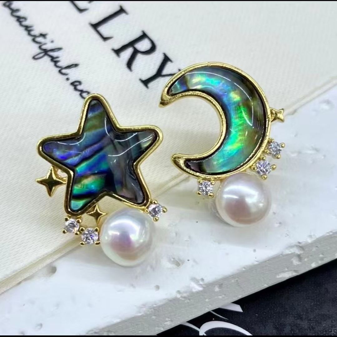 珐琅耳钉珍珠时尚鲍鱼贝星月AB款抗过敏洋气正品中式高级爆款耳饰珍珠项链首饰项链详情图6