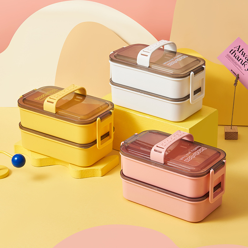 「双层手提便携饭盒 简约配色分隔餐盒 学生上班族密封保鲜便当盒」详情2