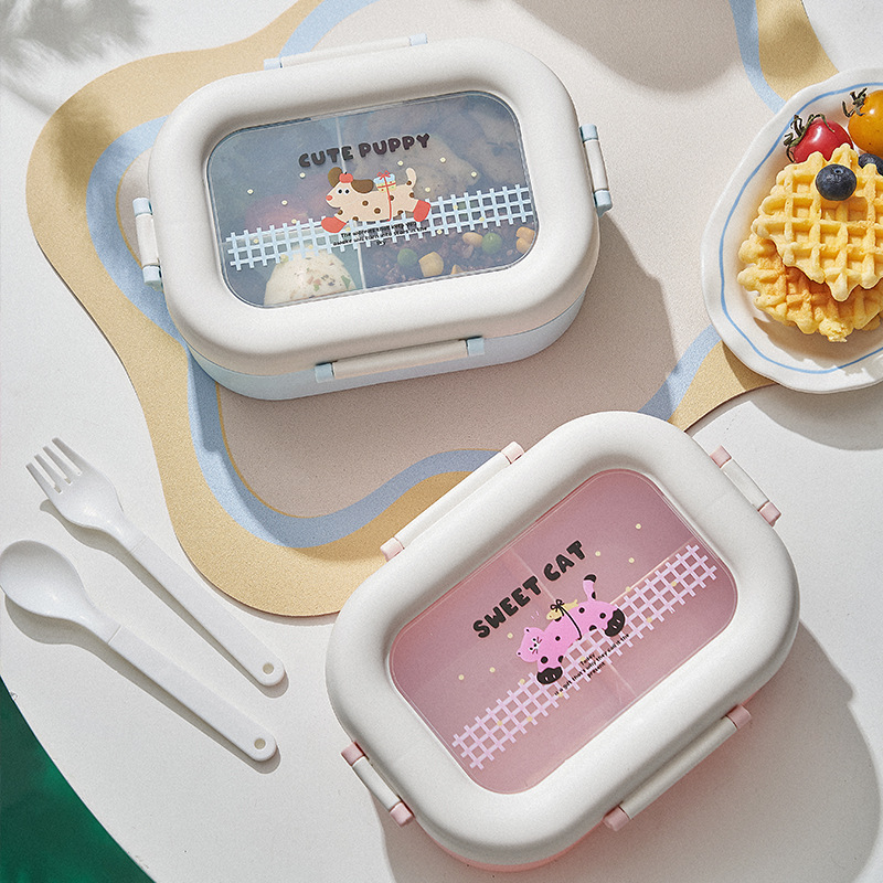 【萌宠透窗款】小狗猫咪卡通饭盒 学生便携分格餐盒 密封防漏带餐具便当盒详情2