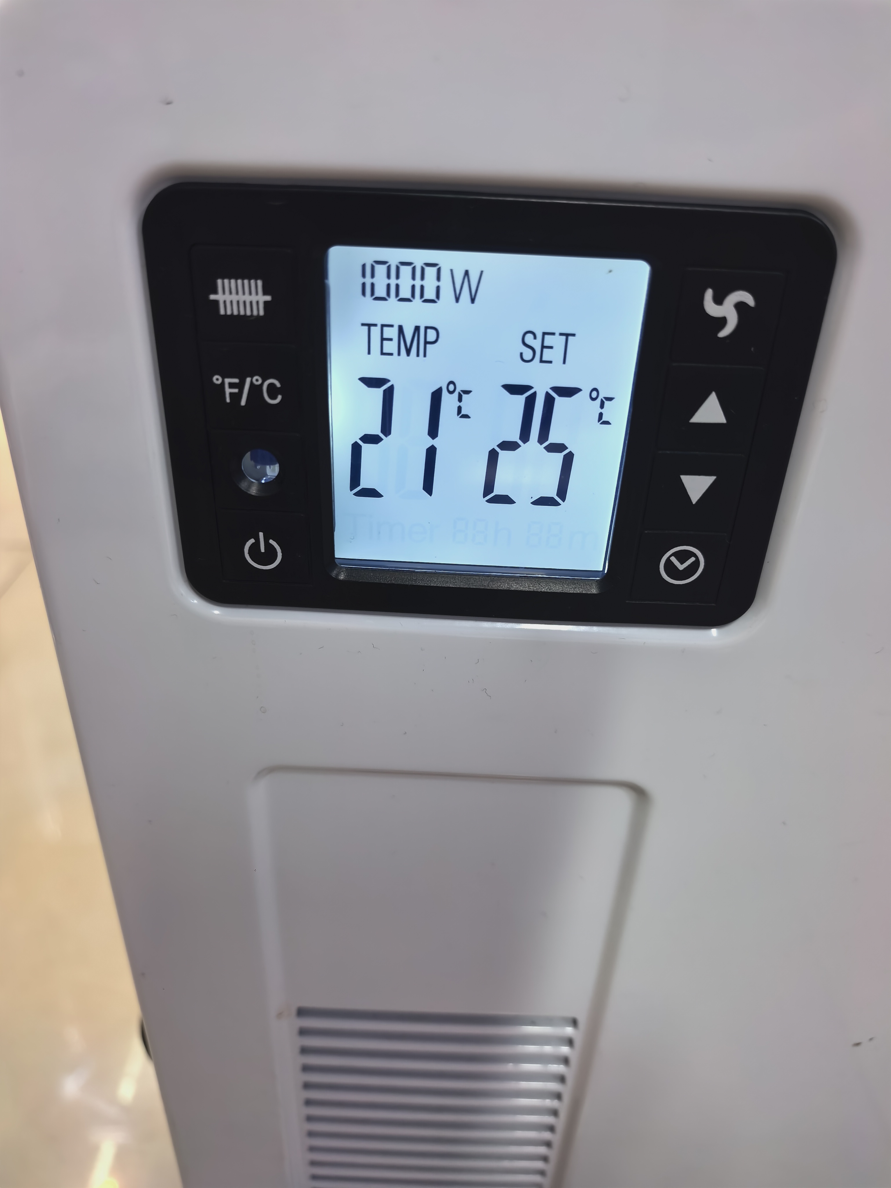Remote control model with LCD display for temperature, wattage and operation modes such as fan. Office heater, wall-mounted electric heating, energy-saving electric hot air Specification image