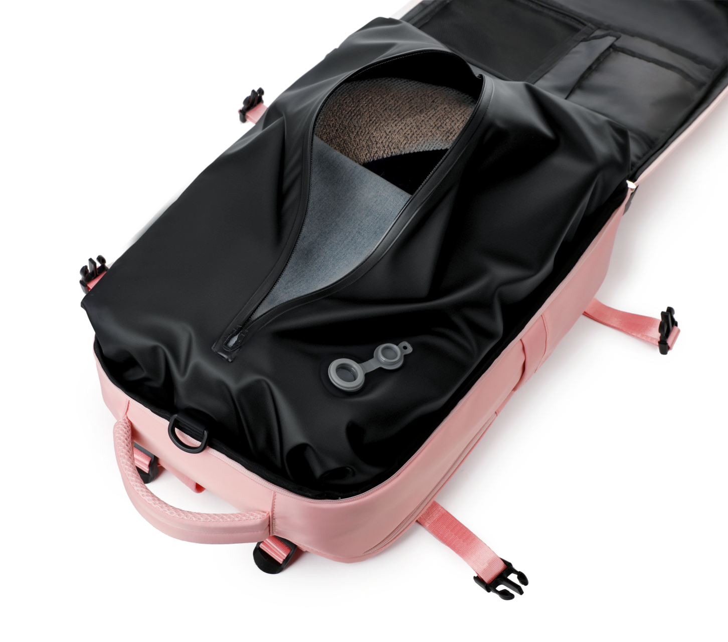 The vacuum-compressed backpack for casual travel is waterproof and scratch-resistant