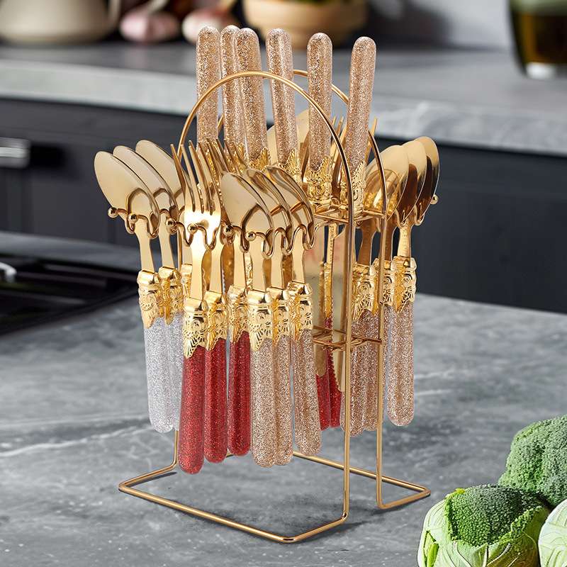 跨境亚马逊加厚牛排刀叉勺4件套塑料柄西餐套装不锈钢餐具24件套