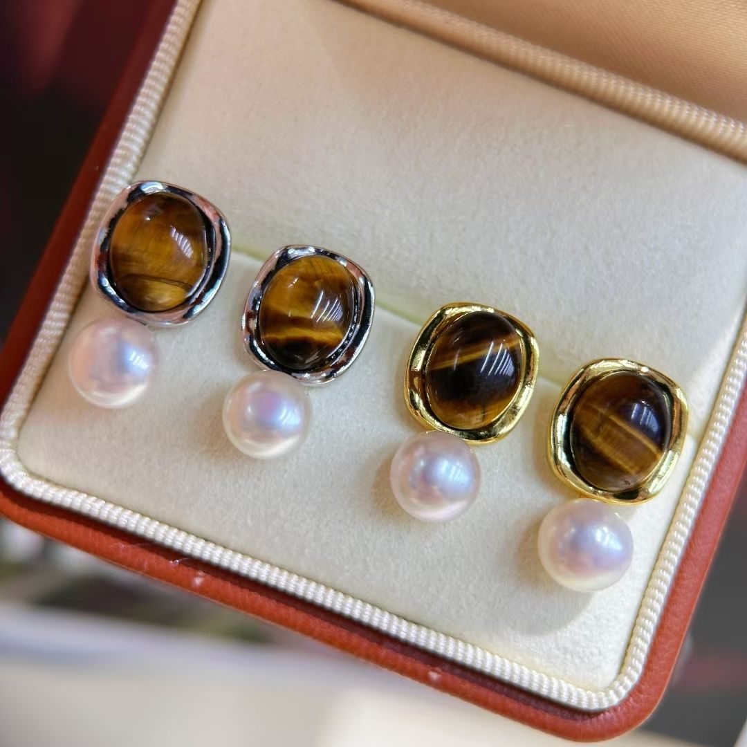 淡水珍珠复古虎眼石珍珠耳钉女复古港风高级小众新款精致小巧耳环珍珠项链首饰项链详情图9