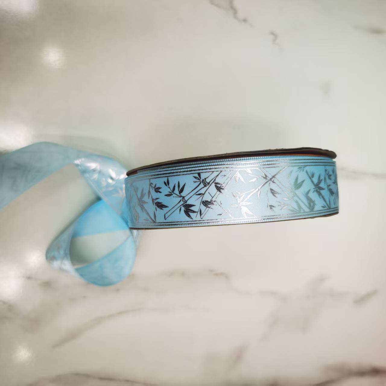 2.5 cm polyester ribbon silver-embossed bamboo leaf clothing accessories, DIY handmade bow, customizable patterns available