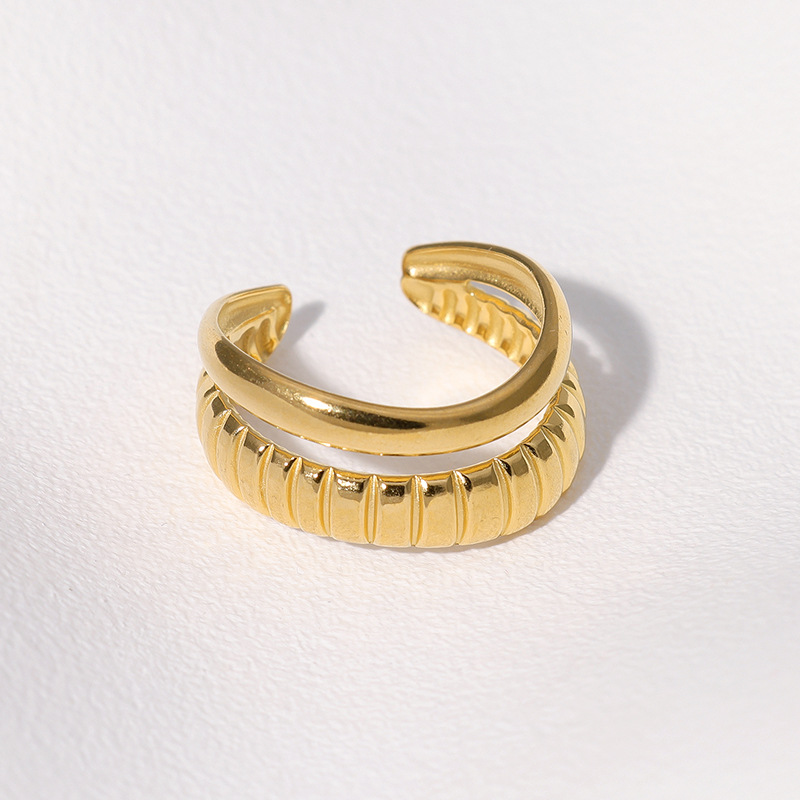 Trendy accessory fashion export bestseller Double-line corrugated open ring in gold steel color YYKK010 Item Picture