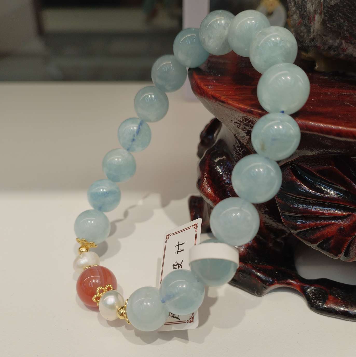 10mm natural crystal bracelet, aquamarine with pearl south red, fashionable jewelry, women's simple, versatile and trendy gift detail image 2