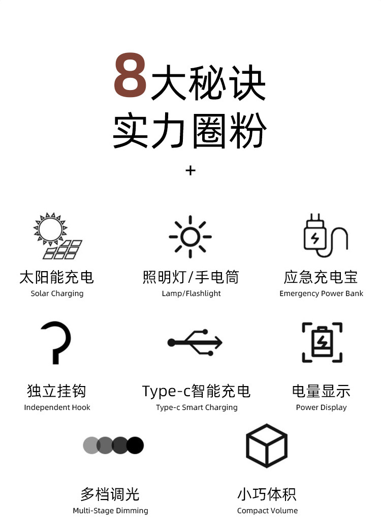 Camping lamp, ultra-long battery life, solar outdoor lamp, rechargeable lighting lamp, camping led tent hanging type pic 5