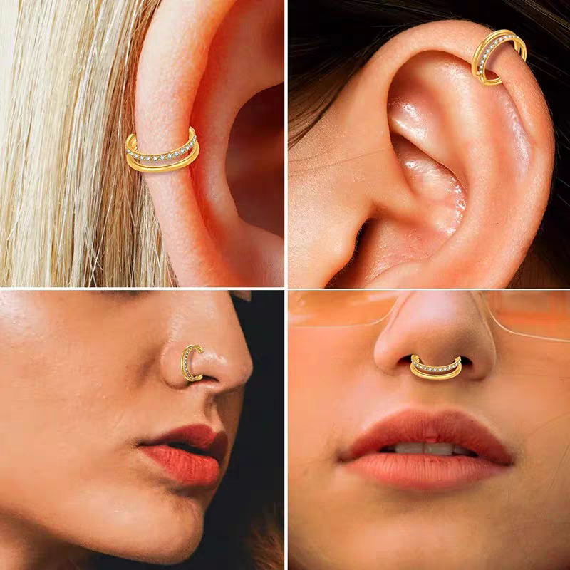 CZ 2-layer diamond titanium hinge section ring Nose ring diaphragm 16G ear cartilage spiral perforated earrings titanium alloy jewelry details Picture