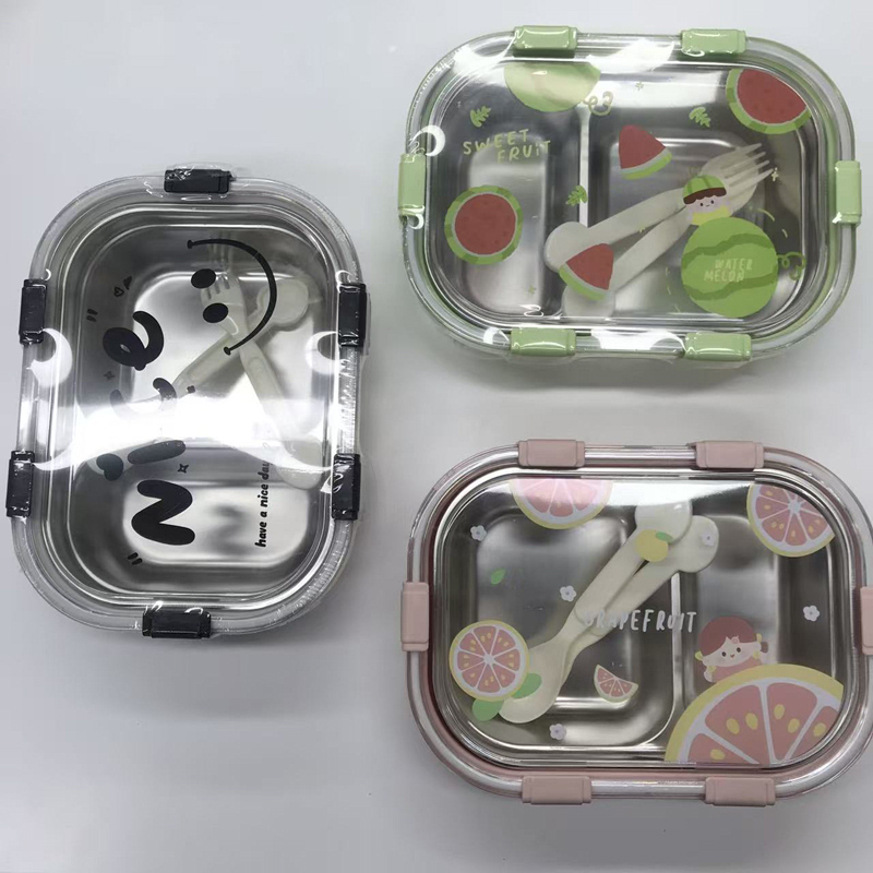 水果图案不锈钢分隔饭盒 带餐具密封保鲜盒 学生上班族便携餐盒详情2