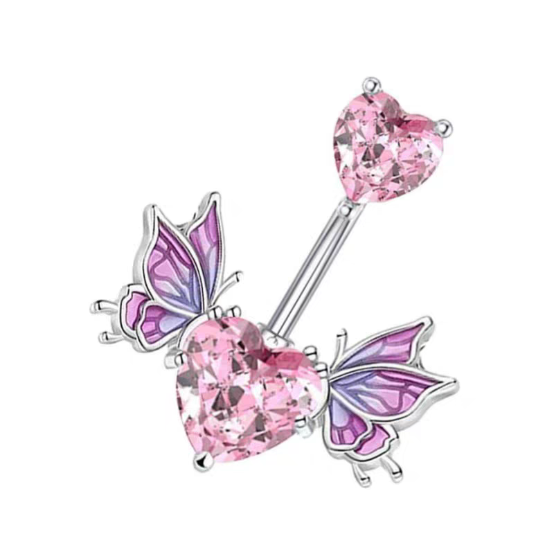 银质脐饰软陶钻球半孔托盘饰品时尚个性配件女用潮流百搭渐变双飞蝴蝶医用钛钢肚脐钉粉色爱心锆石穿刺脐环法式梦幻脐饰热销欧美细节图