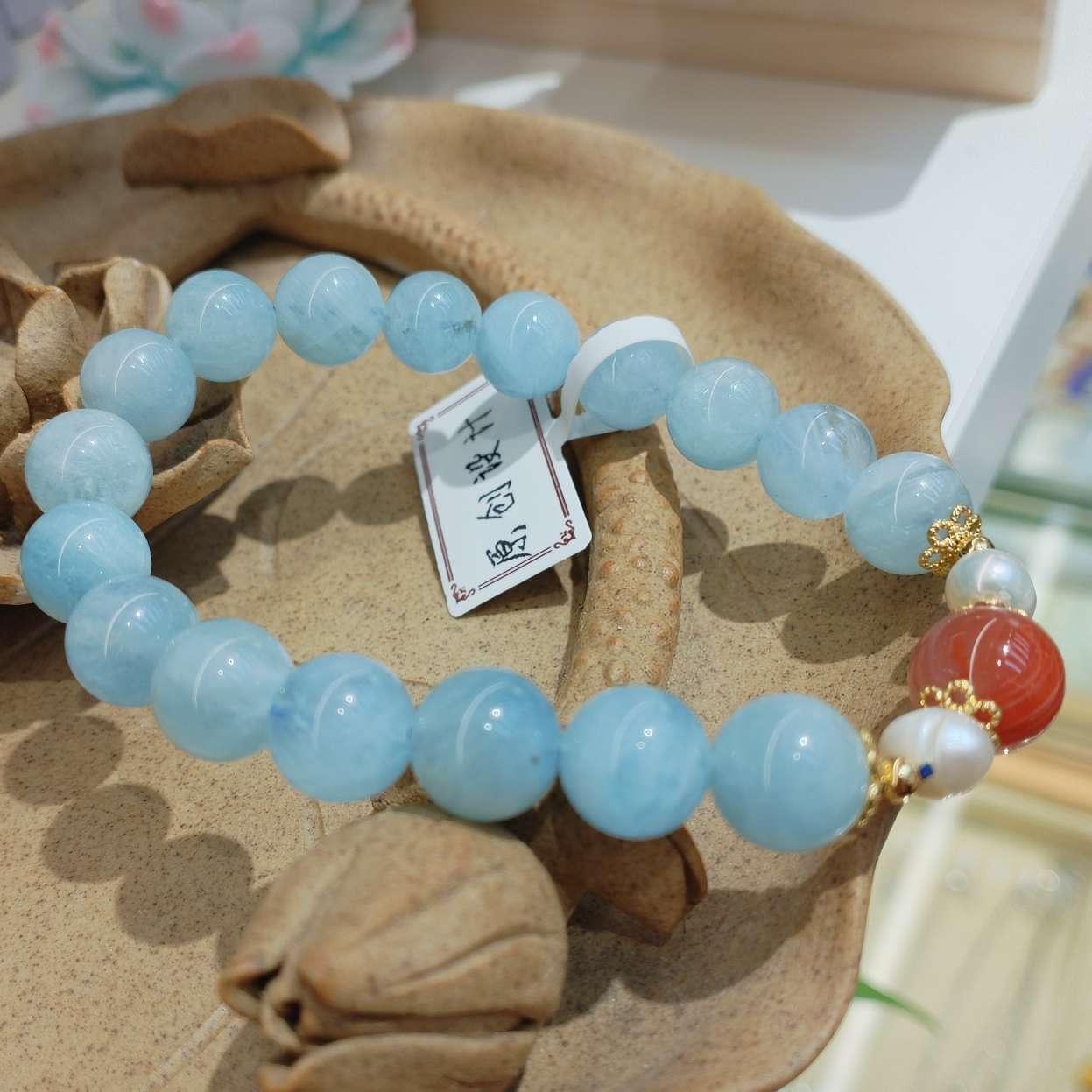 10mm natural crystal bracelet, aquamarine with pearl south red, fashionable jewelry, women's simple, versatile and trendy gift detail image 5