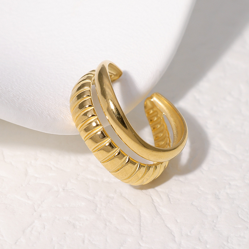 Trendy accessory fashion export bestseller Double-line corrugated open ring in gold steel color YYKK010 Specification image