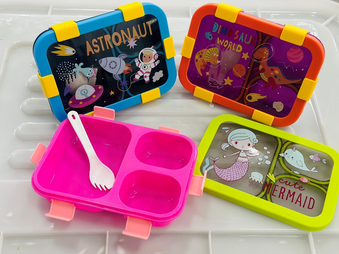 卡通主题三格分隔饭盒 宇航员/恐龙/美人鱼可爱餐盒 带餐具便携便当盒详情2