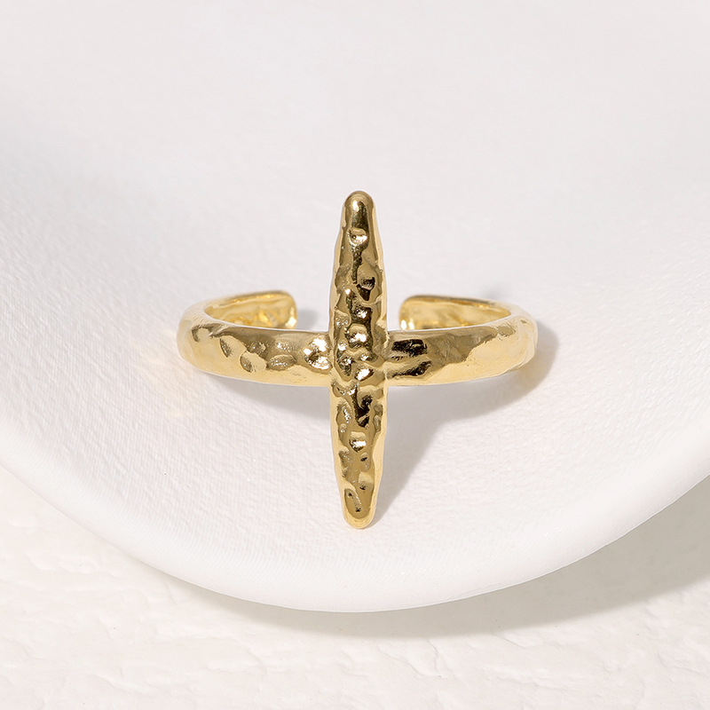 Trendy accessory fashion export bestseller embossed cross-shaped open ring in gold steel color YYKK009 Application Scenario