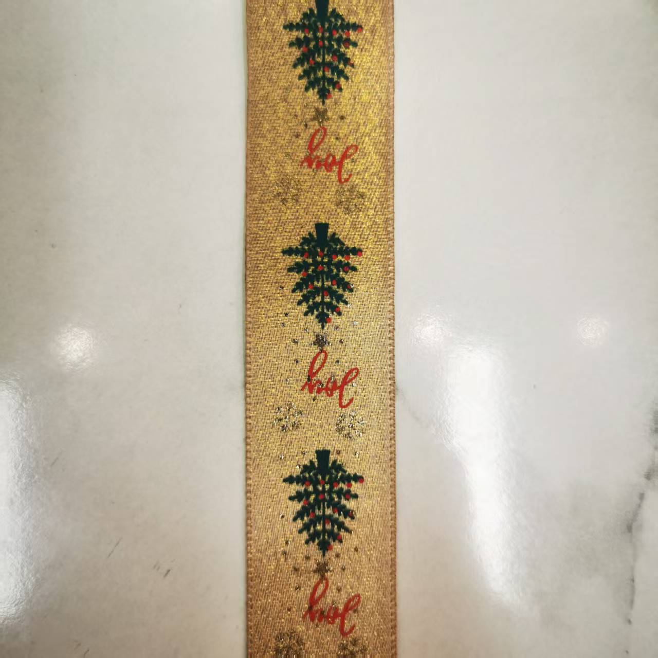 2.5 cm gold weft ribbon printed Christmas tree decoration, Christmas festival ribbon clothing accessory lace Specification image
