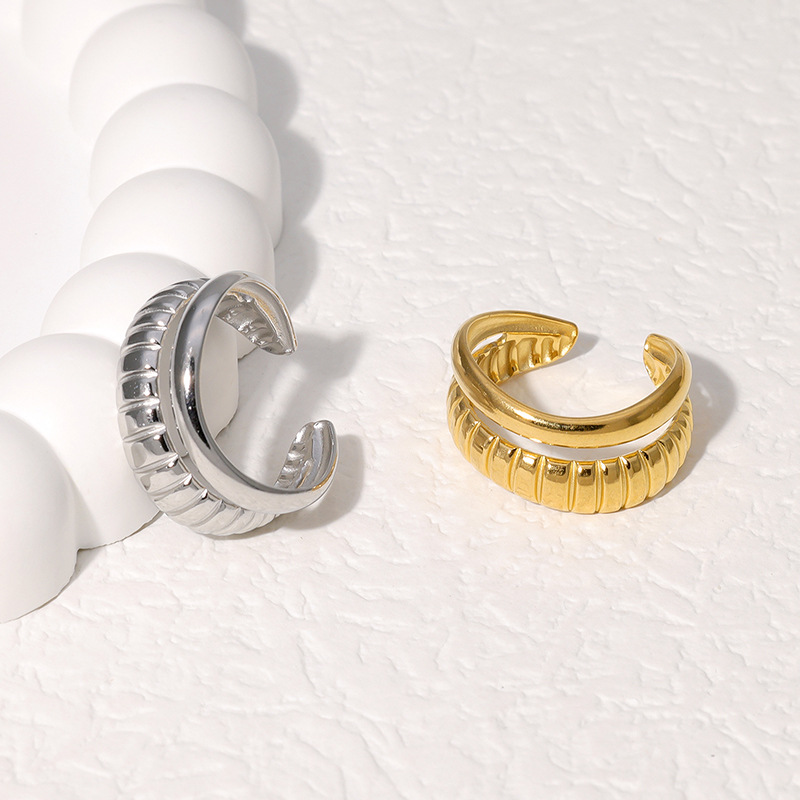 潮流饰品时尚外贸爆款双线波纹开口戒指金色钢色YYKK010