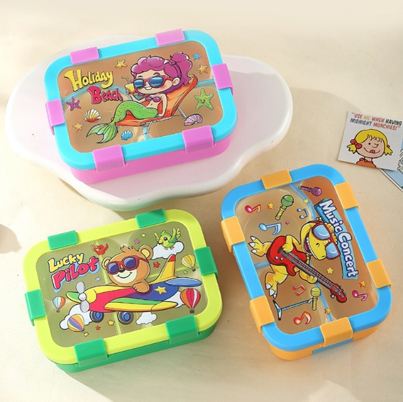 卡通主题多格分隔饭盒 美人鱼/小熊/恐龙童趣餐盒 学生便携带饭保鲜盒详情2