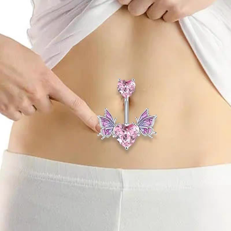 银质脐饰软陶钻球半孔托盘饰品时尚个性配件女用潮流百搭渐变双飞蝴蝶医用钛钢肚脐钉粉色爱心锆石穿刺脐环法式梦幻脐饰热销欧美