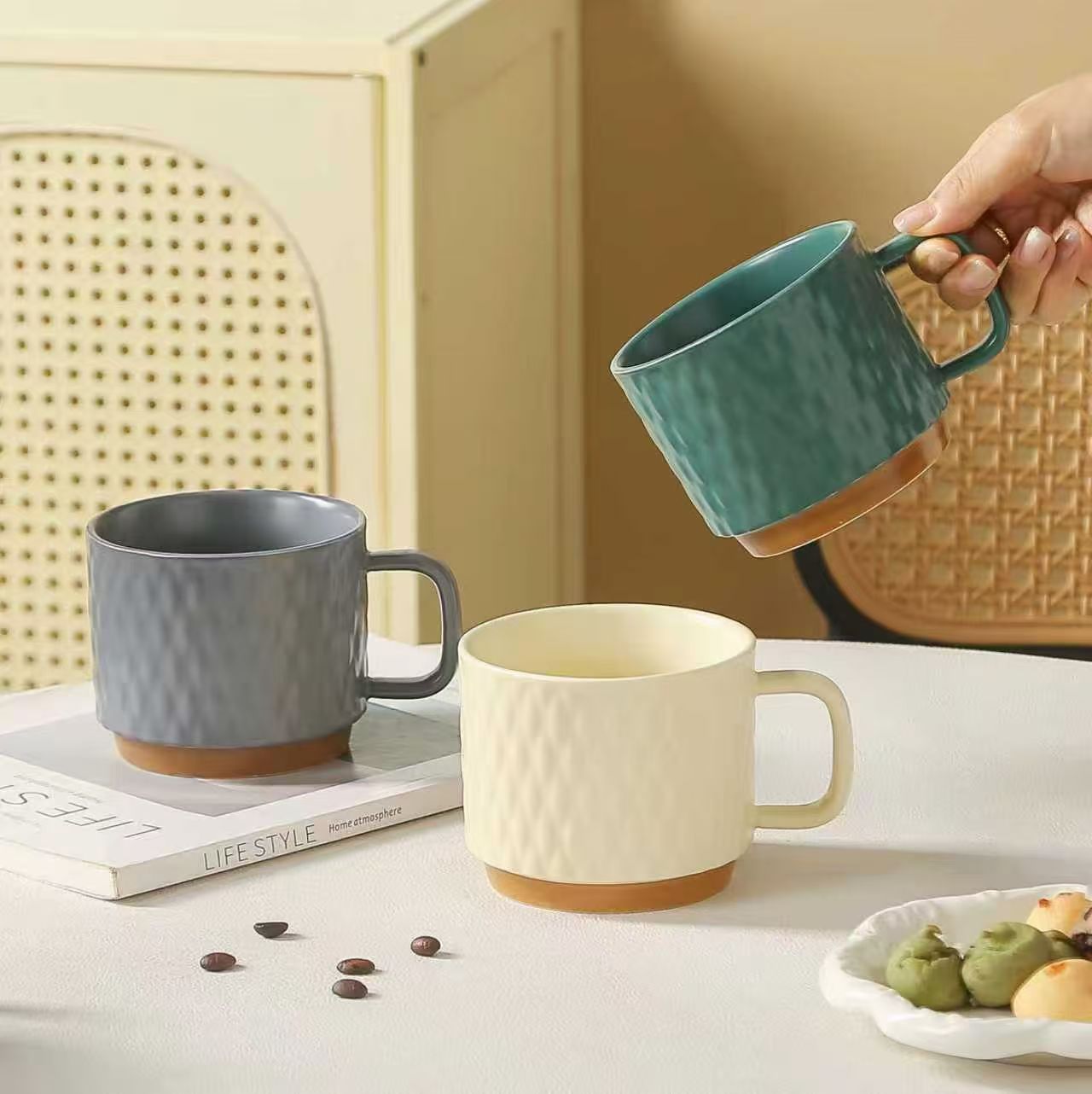 简约纯色拼色陶瓷马克杯锤目纹欧式叠叠杯 高温瓷情侣卡通杯带精美包装 耐热陶瓷茶杯咖啡杯