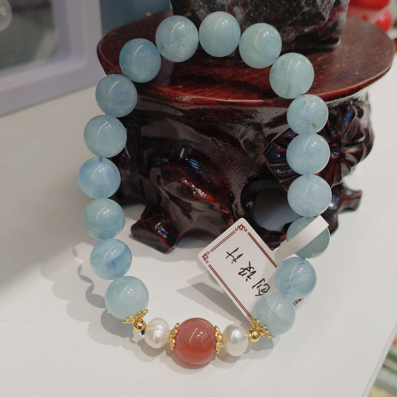 10mm natural crystal bracelet, aquamarine with pearl south red, fashionable jewelry, women's simple, versatile and trendy gift