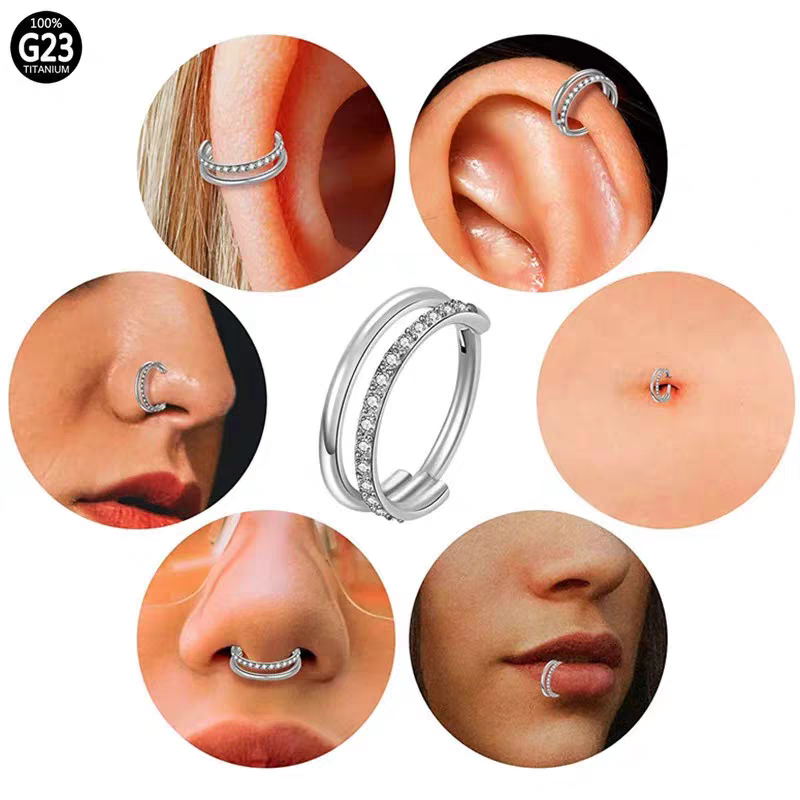 CZ 2-layer diamond titanium hinge section ring Nose ring diaphragm 16G ear cartilage spiral perforated earrings titanium alloy jewelry detail image 3