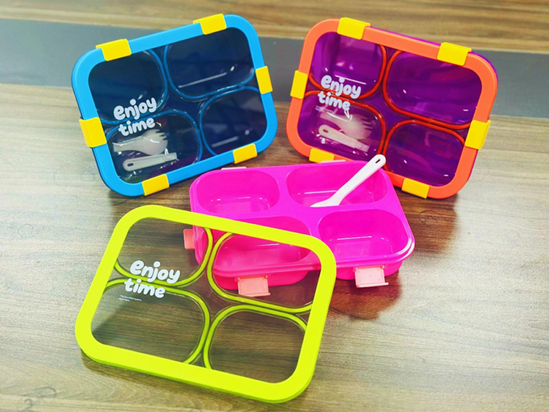 四格分隔带餐具饭盒 Enjoy Time撞色便携餐盒 学生上班族保鲜便当盒详情2