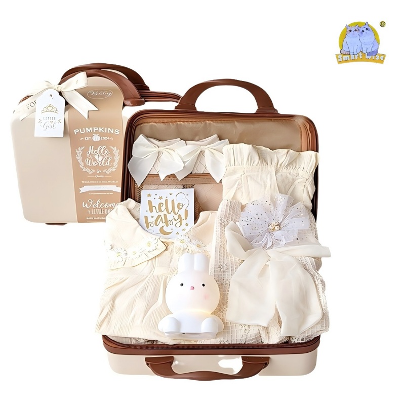Baby gift box, beige dress set for newborn girl, wood-carved suitcase, 100th birthday greeting gift items Item Picture