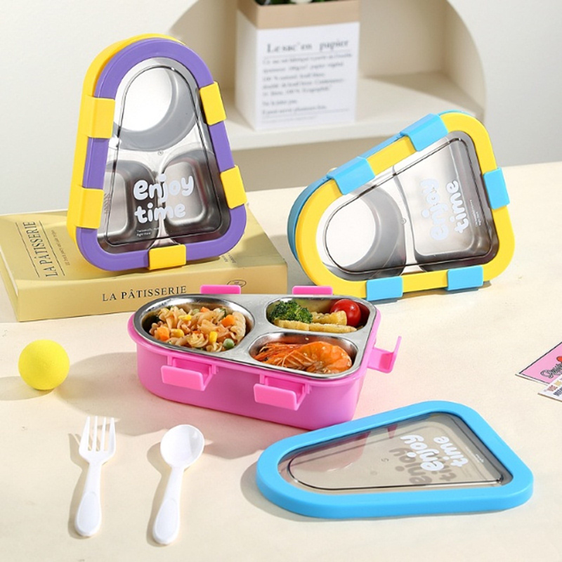 多彩三格不锈钢饭盒 便携分隔餐盒 学生可爱带餐具便当盒详情2