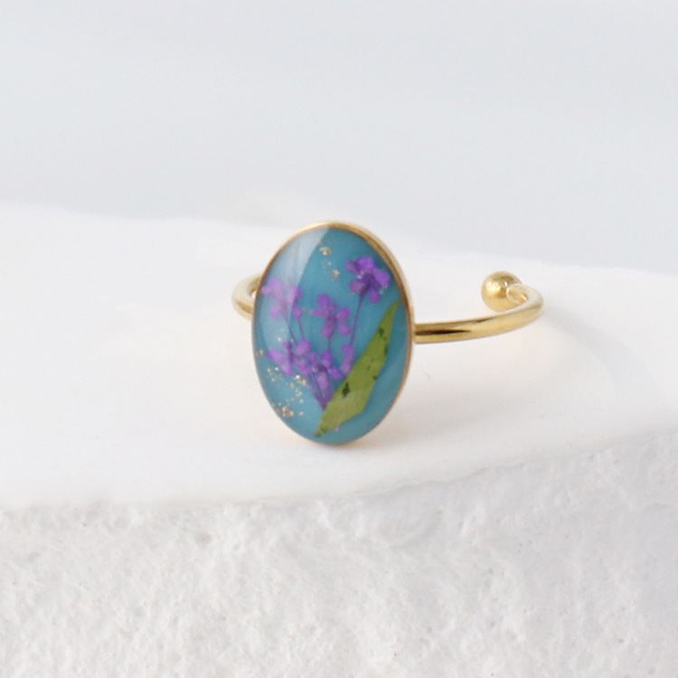 Colorful dried flower ring, light luxury epoxy resin jewelry, stainless steel gold-plated real flower ring Specification image