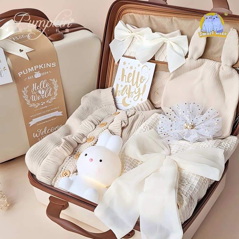 Baby gift box, beige dress set for newborn girl, wood-carved suitcase, 100th birthday greeting gift items Specification image