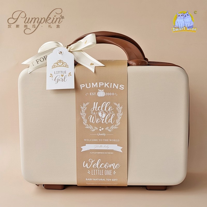 Baby gift box, beige dress set for newborn girl, wood-carved suitcase, 100th birthday greeting gift items details Picture