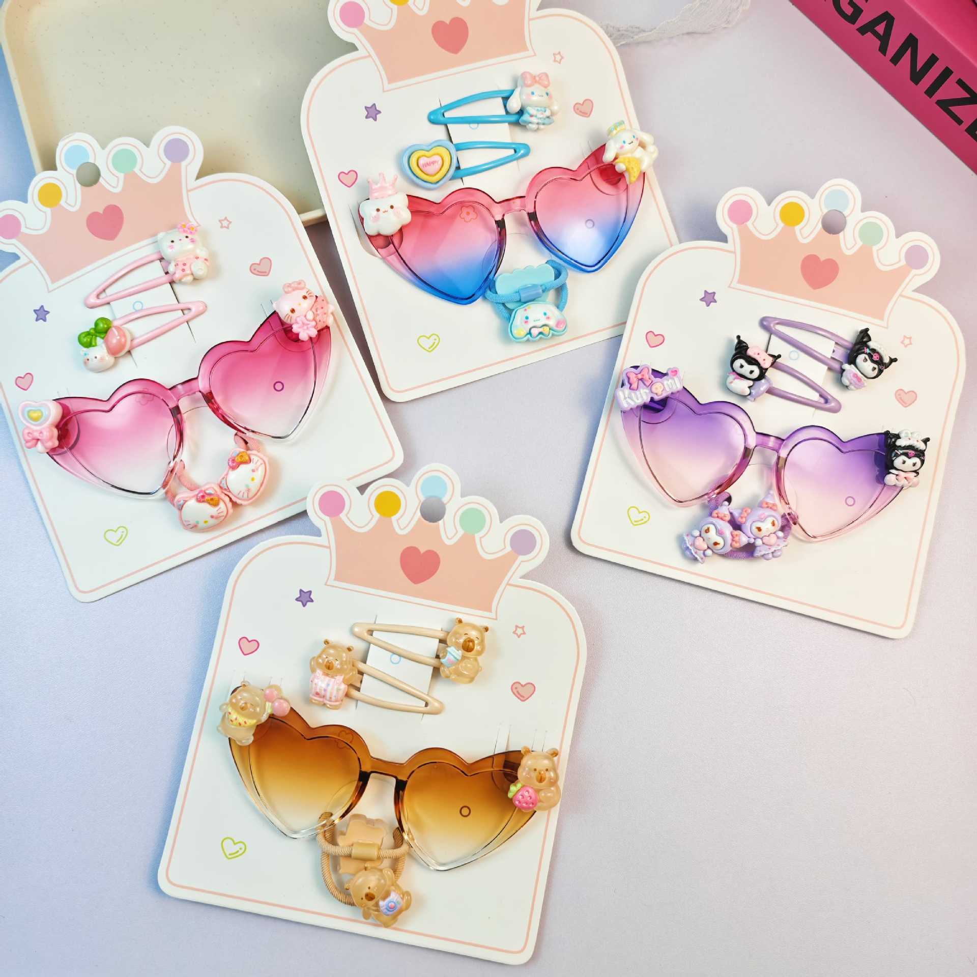 彩色眼镜儿童太阳镜女童卡通防晒太阳眼镜防紫外线遮阳发夹套装 